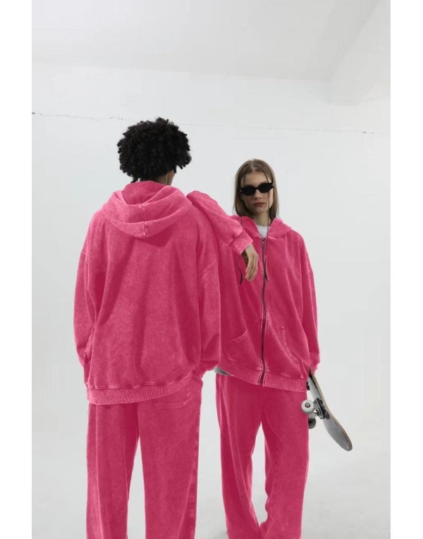 350 grams heavyweight washed vintage zipper hoodie for men with a hood, retro and loose fit, suitable for Instagram fashion.