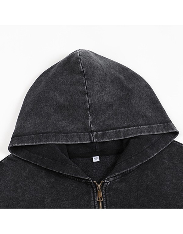 350 grams heavyweight washed vintage zipper hoodie for men with a hood, retro and loose fit, suitable for Instagram fashion.