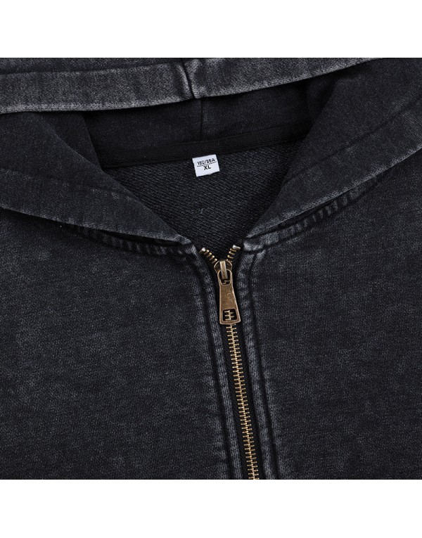 350 grams heavyweight washed vintage zipper hoodie for men with a hood, retro and loose fit, suitable for Instagram fashion.