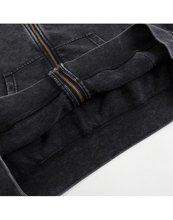 350 grams heavyweight washed vintage zipper hoodie for men with a hood, retro and loose fit, suitable for Instagram fashion.
