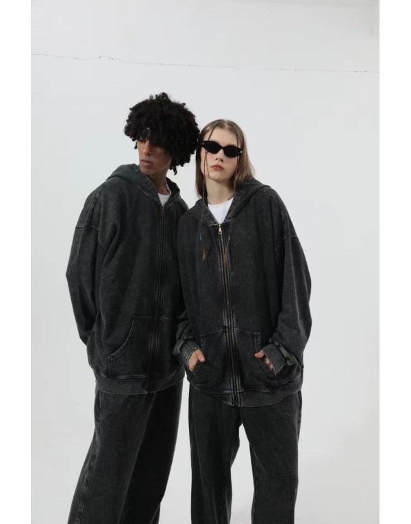 350 grams heavyweight washed vintage zipper hoodie for men with a hood, retro and loose fit, suitable for Instagram fashion. 