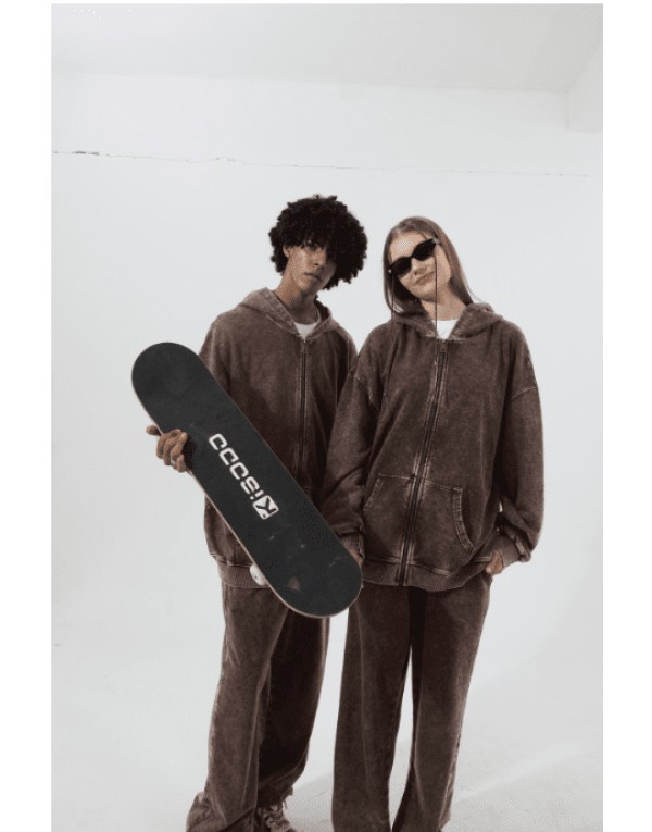 350 grams heavyweight washed vintage zipper hoodie for men with a hood, retro and loose fit, suitable for Instagram fashion.